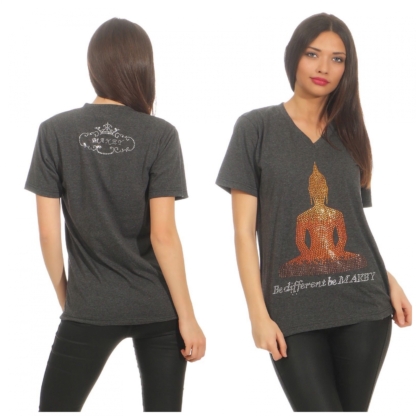 MAKEY Damen T-Shirt Shirt V Neck Schwarz Gitzersteine Buddha Damenshirt M L XL Black