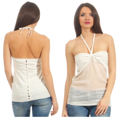 Patrizia Pepe Maglia Seidentop NP 119€ Trägershirt Seide weiß Neckolder Top