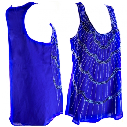 JANE NORMAN Trägershirt Blue Blau Top Shirt Pailletten Perlen glänzend Pailetten