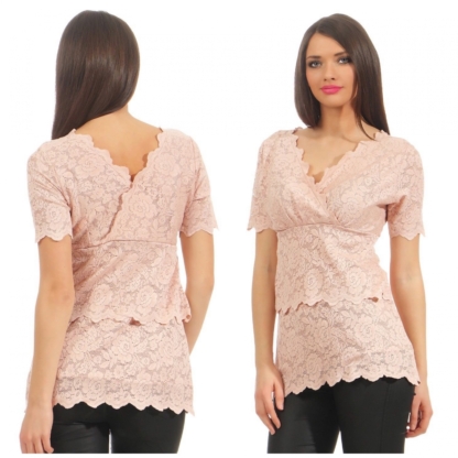 Ashley Brooke Damen Spitzenshirt Shirt Rose V Neck Spitze Damenshirt 34 36 38