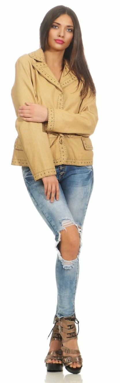 el / suelo Damen Lederjacke Jacke beige Leder Nude elegant Fest Feier Party – Bild 3