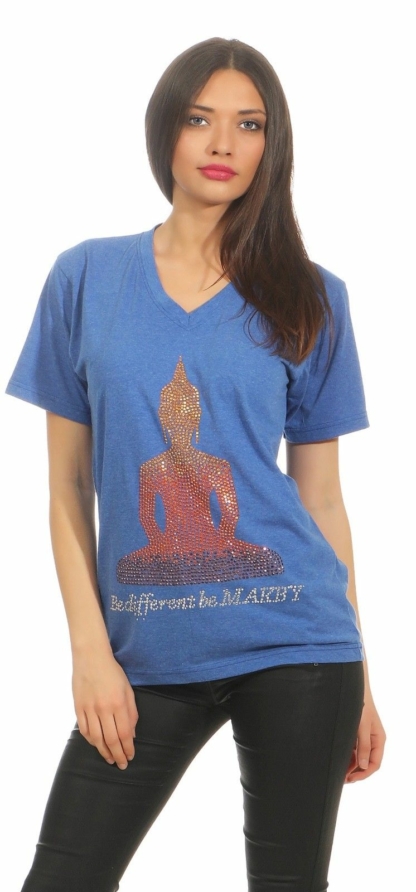 MAKEY Damen T-Shirt Shirt V Neck Blau Gitzersteine Damenshirt M L XL Buddha