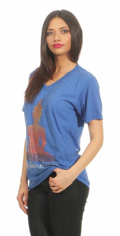 MAKEY Damen T-Shirt Shirt V Neck Blau Gitzersteine Damenshirt M L XL Buddha – Bild 2