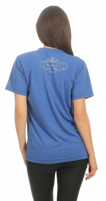 MAKEY Damen T-Shirt Shirt V Neck Blau Gitzersteine Damenshirt M L XL Buddha – Bild 4
