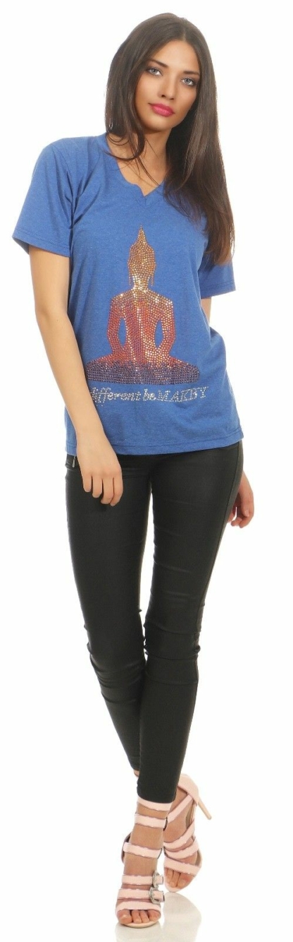 MAKEY Damen T-Shirt Shirt V Neck Blau Gitzersteine Damenshirt M L XL Buddha – Bild 3