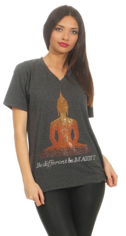 MAKEY Damen T-Shirt Shirt V Neck Schwarz Gitzersteine Buddha Damenshirt M L XL Black – Bild 2