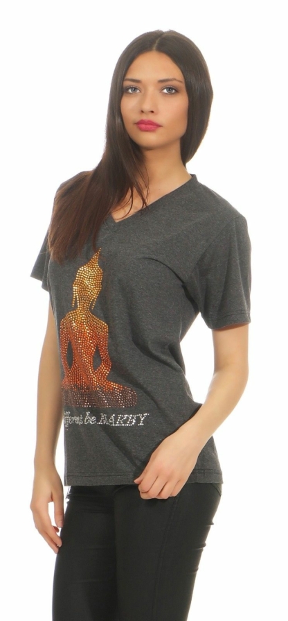 MAKEY Damen T-Shirt Shirt V Neck Schwarz Gitzersteine Buddha Damenshirt M L XL Black – Bild 3