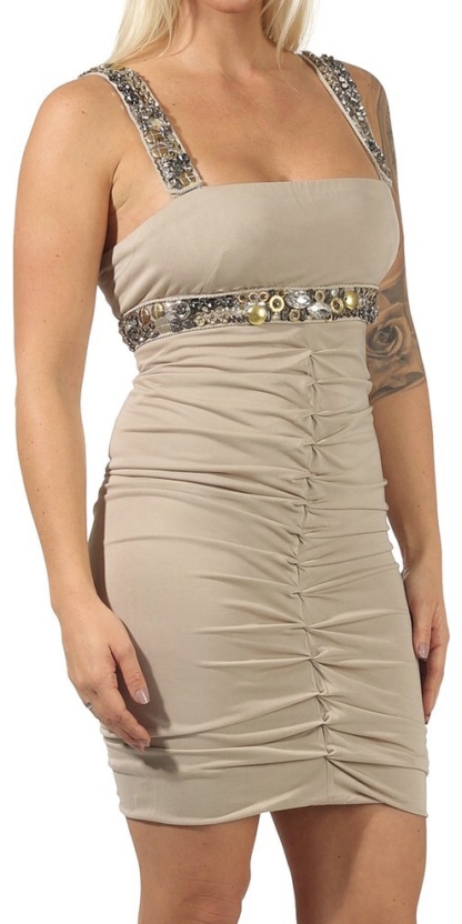 Pinko Glitzer Sommerkleid M Party Cocktailkleid Kleid Partykleid beige Glamour – Bild 4